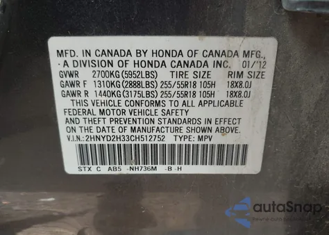 2012 Acura Mdx Technology Package z USA, uszkodzony, nr VIN 2HNYD2H33CH512752